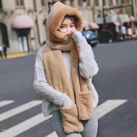 Korean Style Faux Rabbit Fur Hooded Scarf And Glove Integrated Set Solid Color Winter Warm Plush Neck Warmer Cap For Women