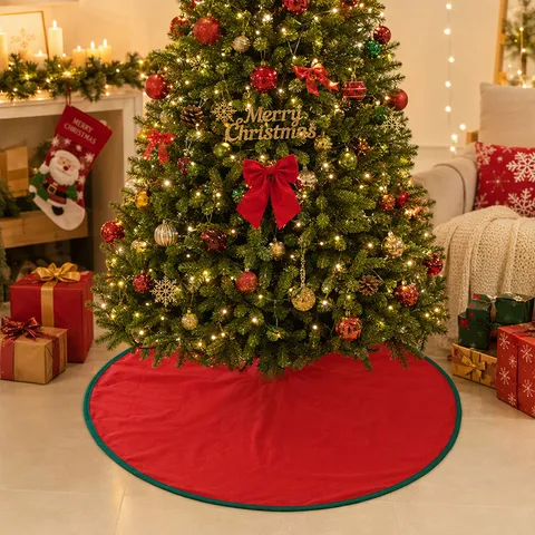 Christmas Tree Skirt Polyester Non-Woven Embroidered Round Xmas Tree Base Cover For Holiday Party Home Decoration Red White Gold