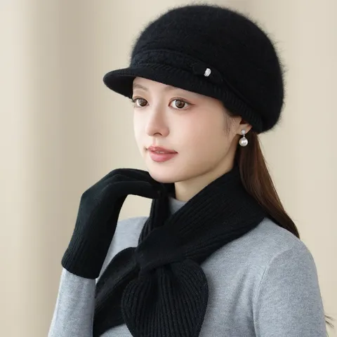 Women's Knit Beret Hat Fashion Elegant Rabbit Hair Blend Warm Soft Knitted Hat For Winter Autumn Solid Color Bonnet Hat