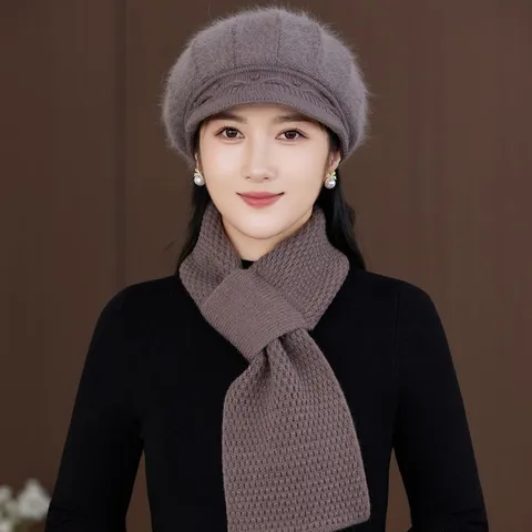 Women's Winter Warm Thickened Plush Beret Hat Scarf And Gloves Minimalist Solid Color Knitted Accessory For Middle Aged Elderly