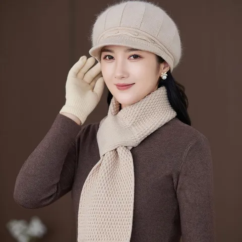 Women's Winter Warm Thickened Plush Beret Hat Scarf And Gloves Minimalist Solid Color Knitted Accessory For Middle Aged Elderly