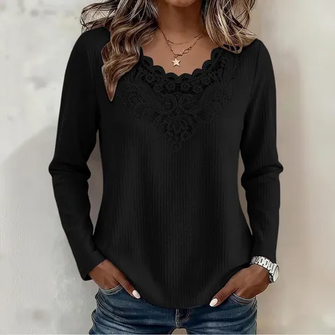 Women Waffle Knit Long Sleeve T-Shirt Lace Patchwork V Neck Casual Solid Color Pullover Top For Autumn Winter Ladies Clothing