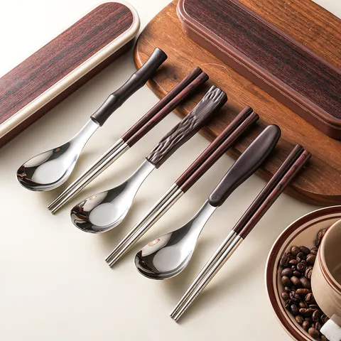 304 Stainless Steel Spoon Chopsticks Set With Wood Grain Handle Portable Tableware Set With Storage Box For Office Student Travel Picnic Dinnerware
