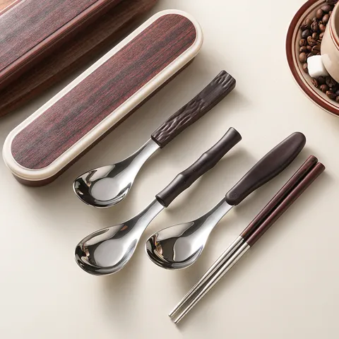 304 Stainless Steel Spoon Chopsticks Set With Wood Grain Handle Portable Tableware Set With Storage Box For Office Student Travel Picnic Dinnerware