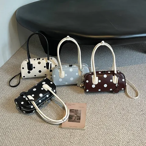 Fashion Polka Dot Bowling Bag For Women Niche Vintage PU Shoulder Bag Large Capacity Underarm Handbag Versatile Commuter Bag