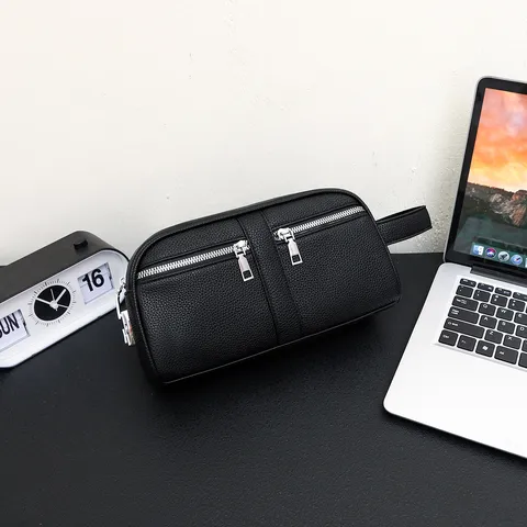 Men Business Casual PU Leather Clutch Bag Large Capacity Wristlet Handbag Solid Color Zipper Long Wallet Fall New Fashion