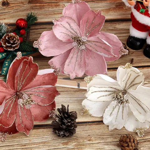 Fiore di Magnolia Artificiale di Natale Simulazione Velluto Fiore Glitterato Con Perline Per Decorazione Albero di Natale Festa Casa