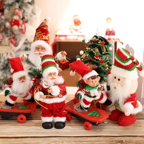 Electric Christmas Doll Music Skateboard Santa Claus Elf Ornaments Cartoon Plush Desktop Window Display Holiday Decor