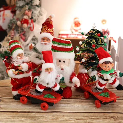 Electric Christmas Doll Music Skateboard Santa Claus Elf Ornaments Cartoon Plush Desktop Window Display Holiday Decor