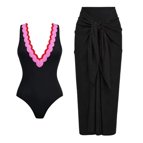 Women Scalloped Trim Swimsuit With Beach Skirt Set Solid Color V Neck Sleeveless Bathing Suit For Summer Beach Vacation