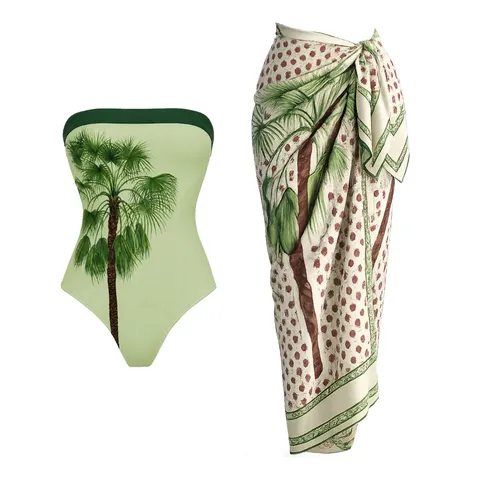 Women's Sexy Bandeau One Piece Swimsuit With Sarong Palm Tree Print Beachwear Set Strapless Halter Neck Bathing Suit