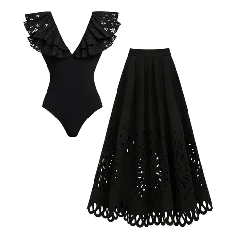 Women Sexy Black Hollow Out One-Piece Swimsuit And Laser Cut Maxi Skirt Bandeau Flounce Swimsuit Top And Bottom Vacation Bathing Suit
