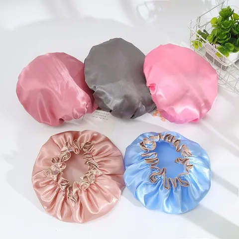 Satin Waterproof Shower Cap Double Layer Bath Cap Elastic Hair Salon Cap Spa Hair Care Cap For Women