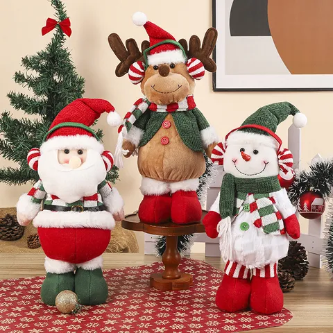 Festive Christmas Santa Claus Snowman Reindeer Plush Doll Ornaments With Knitted Plaid Scarf For Holiday Desktop Window Decor