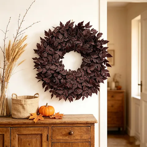 Couronne de Feuilles d'Eucalyptus Marron Artificielle d'Halloween Couronne de Feuilles d'Érable d'Automne pour Décoration Murale