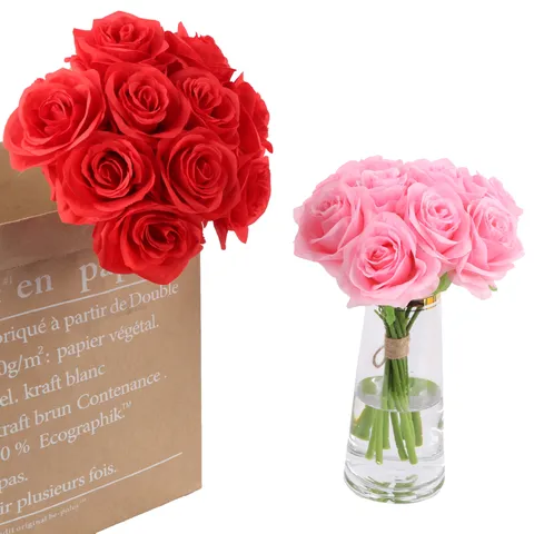 Artificial Silk Rose Flowers Bouquet 10 Heads Hand Tied Fake Rose Arrangements For Wedding Home Table Decor