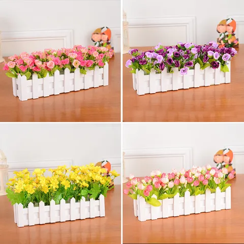 Artificial Flower Set With White Wooden Fence Silk Flowers For Home Living Room Desktop Wedding Decoration Fake Floral