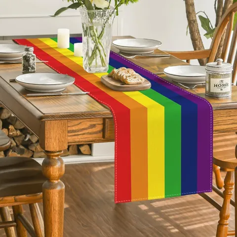 Rainbow Striped Table Runner Polyester Faux Linen Digital Print Table Decoration For Home Kitchen Party Wedding Celebration Colorful Table Decor
