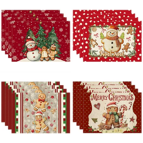 Christmas Place Mats Linen Cotton Printed Gingerbread Man Snowman Reusable Heat Resistant Table Mats For Dining Room Kitchen Home Decor