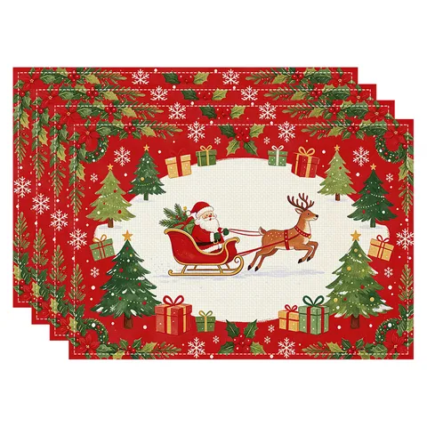 Linen Christmas Place Mats Snowman Santa Reindeer Pattern Heat Resistant Non-Slip Table Mats For Holiday Dining Kitchen Decor