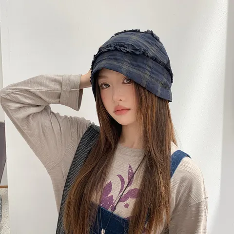 Damen Retro Plaid Plissee Rüsche Beanie Slouchy Hut Frühling Herbst Vielseitig Eleganter Kopftuch Hut Nische Design Weicher Stoff Kopfbedeckung