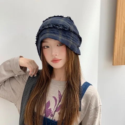 Damen Retro Plaid Plissee Rüsche Beanie Slouchy Hut Frühling Herbst Vielseitig Eleganter Kopftuch Hut Nische Design Weicher Stoff Kopfbedeckung