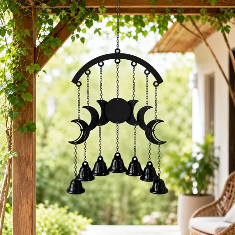 Heksen Windgong Maanfase Ontwerp Metalen Wanddecoratie Met 7 Bellen Voor Tuin Huis Terras Venster Gotisch Wiccan Pagan Cadeau Zwart