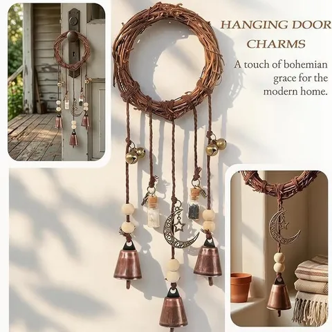 Witch Bells For Door Protection Rattan Hoop Wind Chimes Vintage Boho Handmade Iron Bell Glass Wishing Bottle Moon Pendant Hanging Ornament