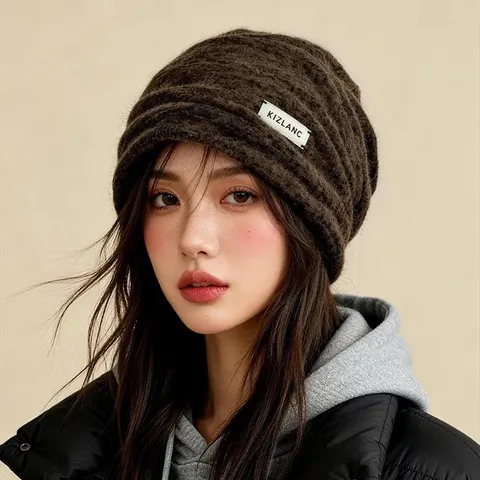 Damen Slouchy Beanie Mütze Gestrickt Plissee Warm Winter Kälteschutzhut Koreanischer Stil Einfarbig Winddichte Kopfbedeckung