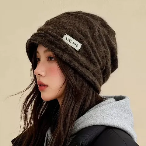 Damen Slouchy Beanie Mütze Gestrickt Plissee Warm Winter Kälteschutzhut Koreanischer Stil Einfarbig Winddichte Kopfbedeckung
