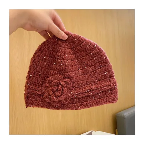 Handgehäkelte Mohair Beanie Mütze Für Damen Elegant 3D Floral Pailletten Strickmütze Herbst Winter Warm Vielseitige Skullies Beanies