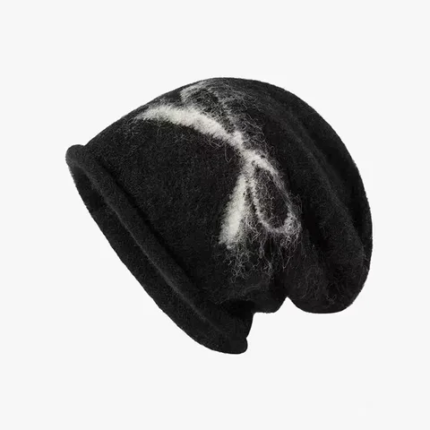 Damen Winter Jacquard Schleife Beanie Mütze Großer Kopfumfang Warme Strick Ohrenschutz Modische Slouchy Totenkopfmütze