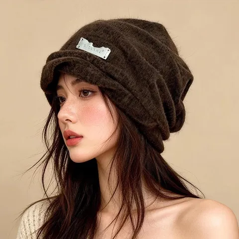 Damen Koreanisch Plissee Strickmütze Herbst Winter Warm Gehörschutz Slouchy Beanie Einfarbig Totenkopfkappe Outdoor Winddicht