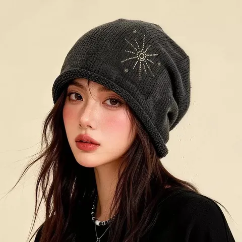 Koreanische Gewaschene Strickmütze Für Damen Süß Cool Slouchy Stern Strass Herbst Winter Warme Strickkappe Zubehör