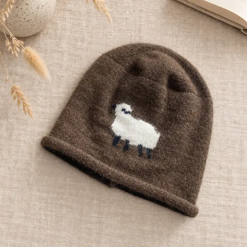Süße Lamm Muster Farbblock Strickmütze Für Damen Weiche Warme Slouchy Wintermütze Koreanischen Stil Tier Design Kopfbedeckung