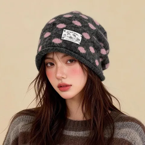 Damen Vintage Gepunktete Strickmütze Warm Koreanischer Stil Jacquard Ohrenschutz Beanie Weiche Winter Mode Strickmütze