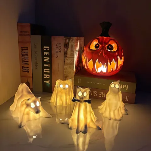 Halloween Fantasma Cucciolo Resina Ornamento Cavo Zucca LED Luminoso Scrivania Statuetta Decorazione Casa Regalo