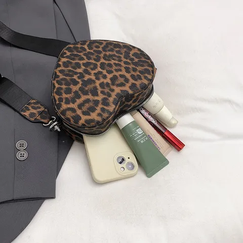Mujeres Moda Estampado Leopardo Corazón Bolso Bandolera Cuero PU Pequeño