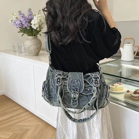 Mujer Moda Multi Bolsillo Denim Tote Bag Vintage Tela Lavada Bolso Bandolera Hombro
