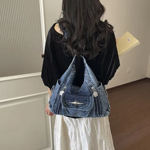Bolso Tote de Mezclilla Lavada Vintage para Mujer Bolso Cruzado Multifuncional Estilo Millennial Mochila