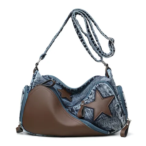 Mujer Moda Estrella Remache Denim Bolso de Hombro Casual Vintage Tela Lavada Patchwork Crossbody Bolso de Axila