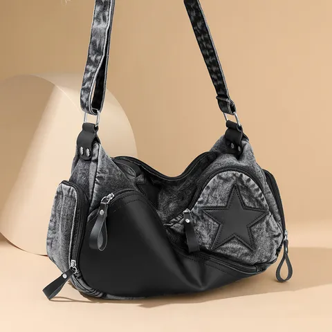 Mujer Moda Estrella Remache Denim Bolso de Hombro Casual Vintage Tela Lavada Patchwork Crossbody Bolso de Axila