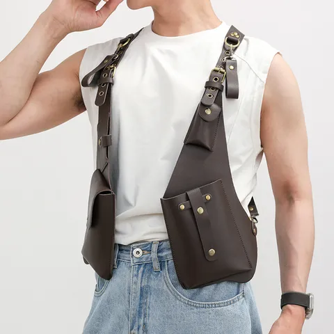 Men Multifunctional PU Leather Tactical Vest Bag Chest Rig Underarm Crossbody Bag Outdoor Sports Utility Bag