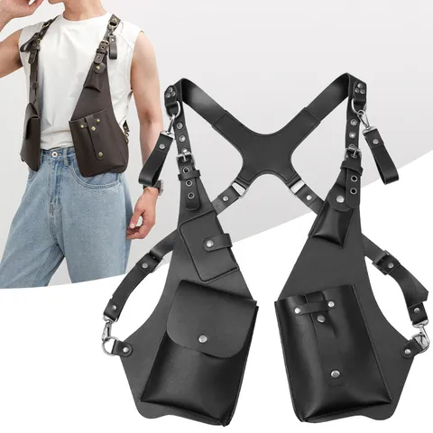 Men Multifunctional PU Leather Tactical Vest Bag Chest Rig Underarm Crossbody Bag Outdoor Sports Utility Bag