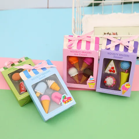 Creatieve Taart IJs Gum Set Schattige Voedselvormige Rubberen Gommen Doos Voor Kinderen School Schrijfwaren Cadeau