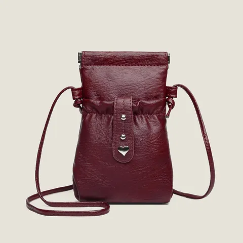 Bolso Bandolera para Teléfono de Cuero PU para Mujer Simple Color Sólido Cordón Bolso de Hombro Con Decoración de Metal de Corazón Bolsito Casual