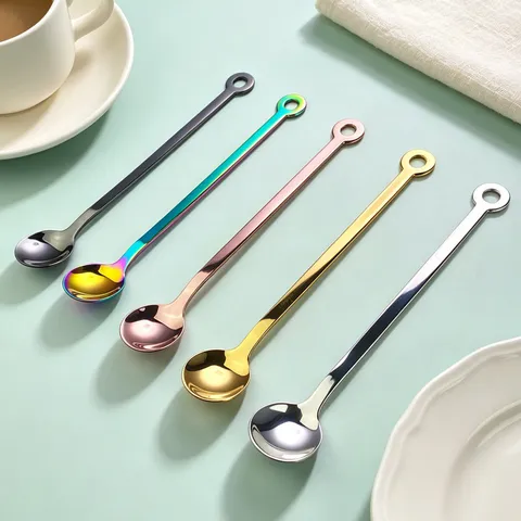 Cuillère Ronde en Acier Inoxydable 304 Cuillère à Café à Poignée Creuse Créative Cuillère à Dessert Ustensiles de Cuisine