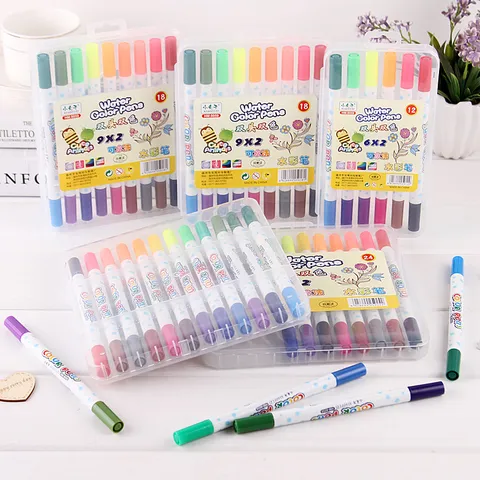 Kids Double Head Washable Watercolor Pens Set Portable Box Student Art Drawing Pens