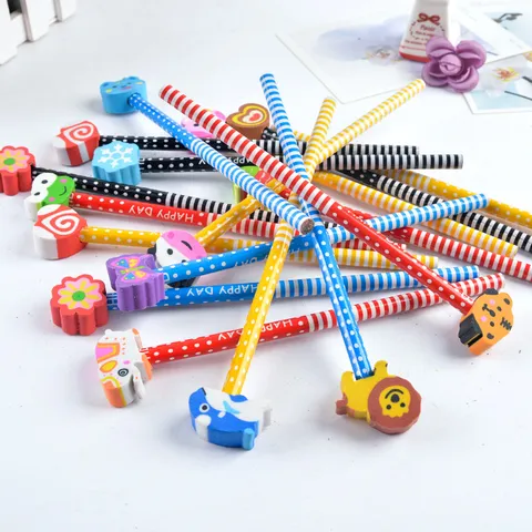 Kinder Cartoon Holz Bleistift Mit Radiergummi Oben Kreative Süße Tier Blumen HB Bleistifte Für Schüler Schule Schreibwaren Geschenk