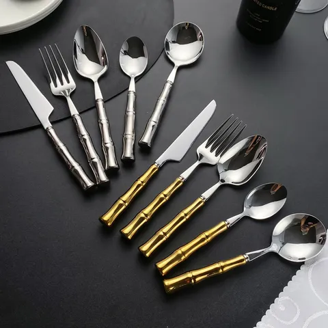Couverts en Acier Inoxydable avec Poignée en Bambou Vaisselle Créative Argent Or Couteau Fourchette Cuillère de Cuisine